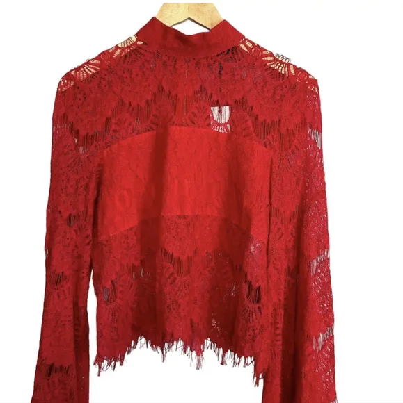 MinkPink Drama Queen Burgundy Lace Zip Back Bell Sleeve Top size M - Picture 5 of 11